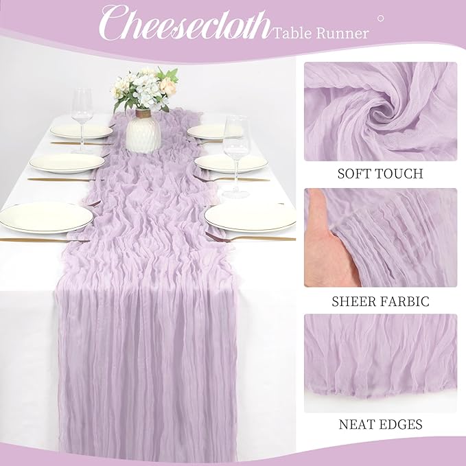 12 Pack 10Ft Lilac Cheesecloth Table Runner 35 x 120 inch Boho Gauze Cheese Cloth Table Runner Vintage Rustic Sheer Runners for Wedding Bridal Shower Birthday Party Cake Table Decorations