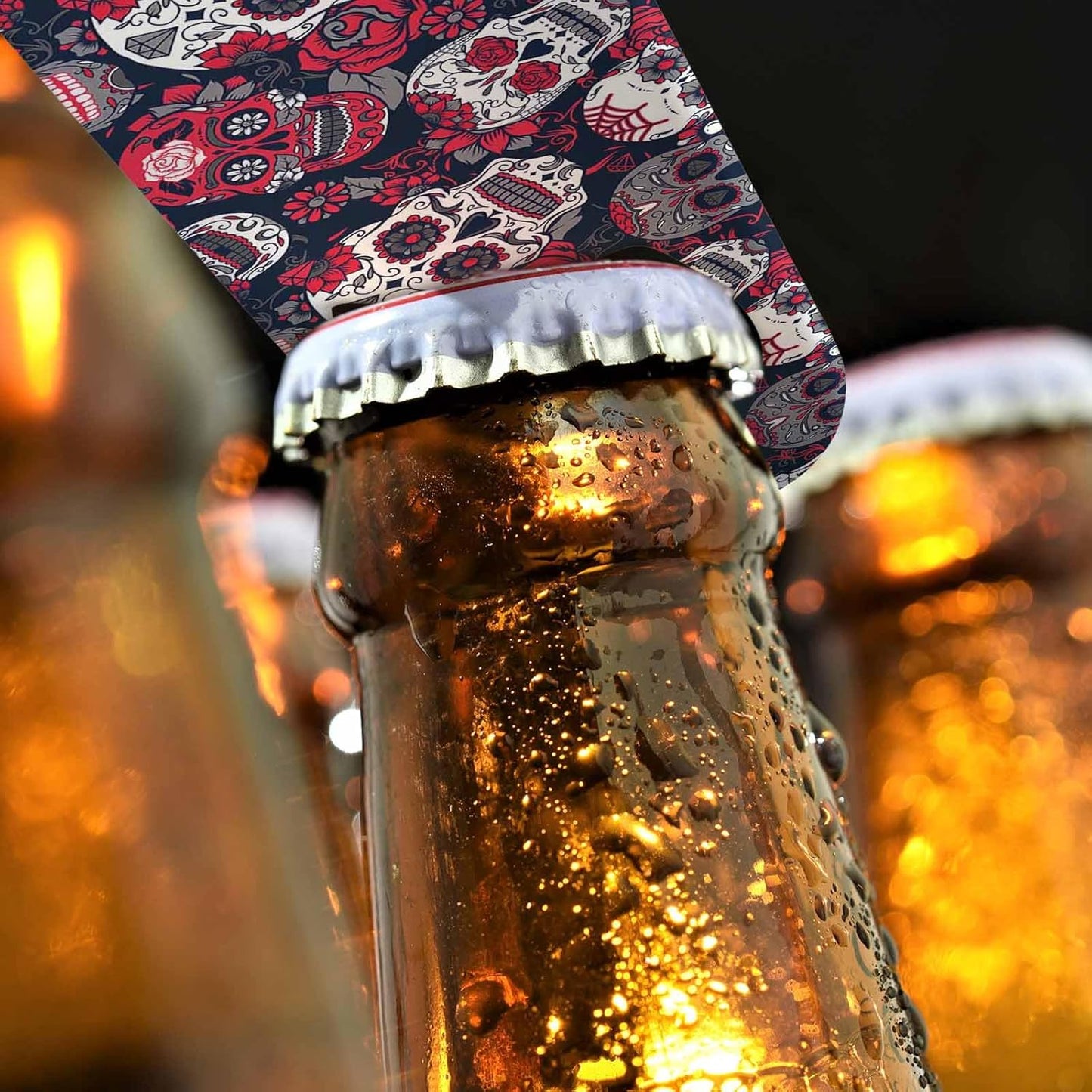 Skull and Flowers Stainless Steel Bottle Opener Day of The Dead Skull Red Peony Rock Roll Fashion Style Flat Beer Bottle Opener Keychain for Home Kitchen Bar Restaurant Party Birthday Gift