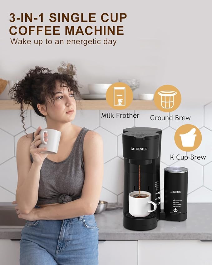 3IN1 Single Serve Coffee Maker with Milk Frother, Small Coffee Machine for K Cup & Ground, 6-14oz Brew Size, 28oz Water Tank, Adjustable Drip Tray