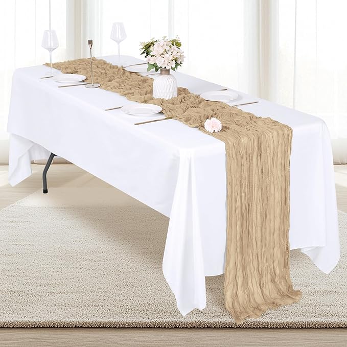6 Pack Beige Cheesecloth Table Runner 17x108 Inch Semi Sheer Boho Gauze Cheese Cloth Fabric Table Runners, for Wedding Party Baby Shower Birthday Home Decor Garden Farmhouse