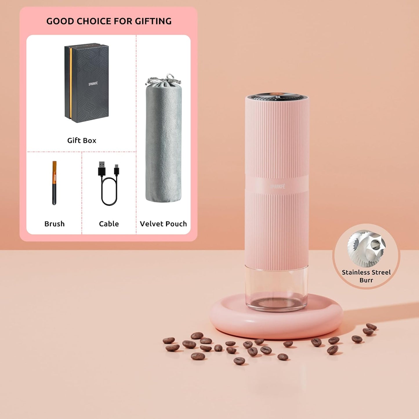 Portable Electric Coffee Grinder, Rechargeable Handheld Grinder with Stainless Steel Conical Burr, Adjustable Grind Settings, for Espresso, Moka, Pour Over, French Press, Cold Brew, Blushy
