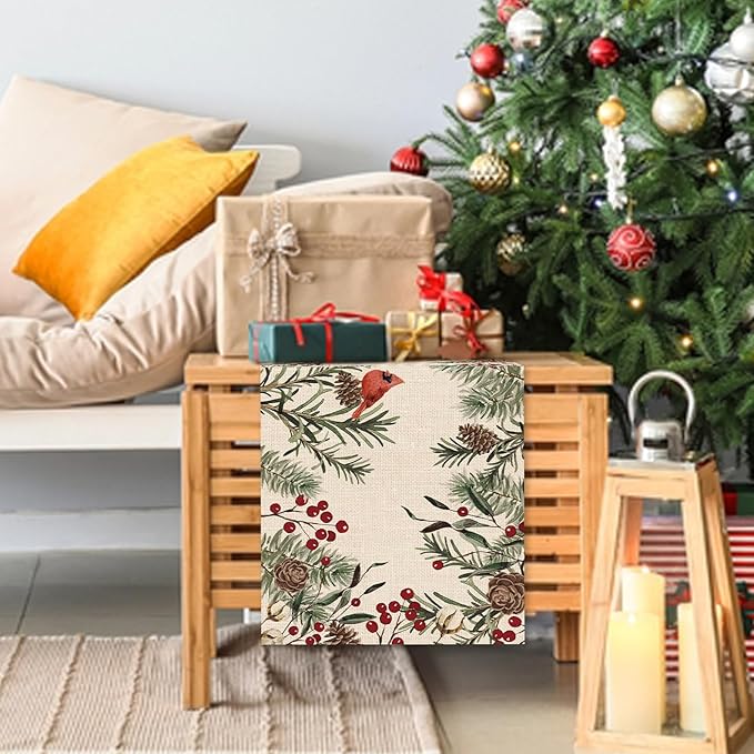 Seliem Winter Pine Needle Branches Table Runner, Pine Cone Cardinal Red Birds Berry Farmhouse Kitchen Dining Table Decor, Christmas Holiday Home Decoration Indoor Outdoor Party Supply 13 x 48 Inches