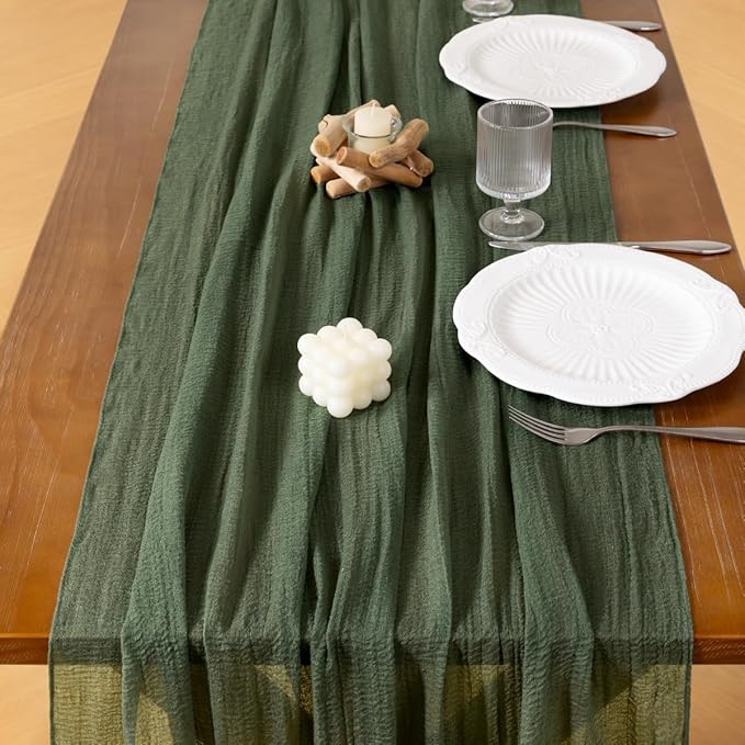 Socomi Green Cheesecloth Table Runner Olive Fall Thanksgiving Gauze 120 Inch Rustic Boho Cheese Cloth Runner for Wedding Party Baby Bridal Shower Centerpiece Decoration Holiday Home Decorations