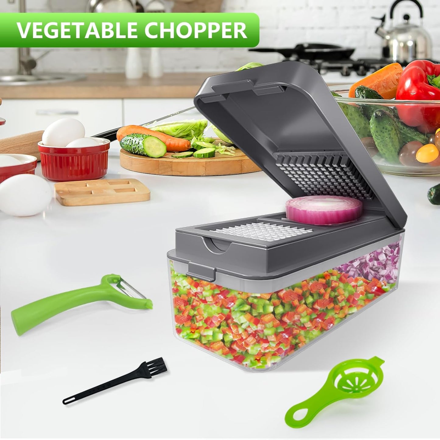 Vegetable Chopper, Onion Chopper Dicer, Mandoline Slicer, Food Chopper with Container, Vegetable Cutter for Salad Potato Carrot Garlic（9 Blades, Grey）