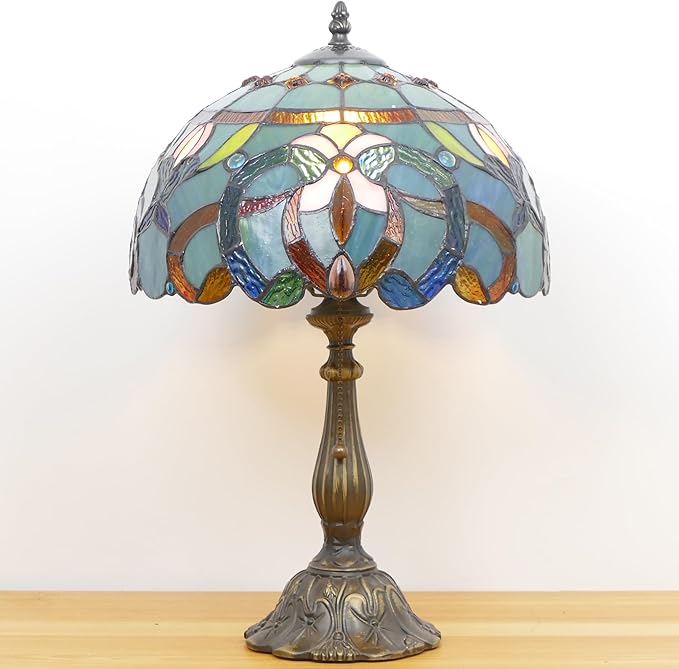 Tiffany Lamp Stained Glass Table Lamp Antique Bedside Reading Light W12H19 Inches (Sea Blue Baroque)
