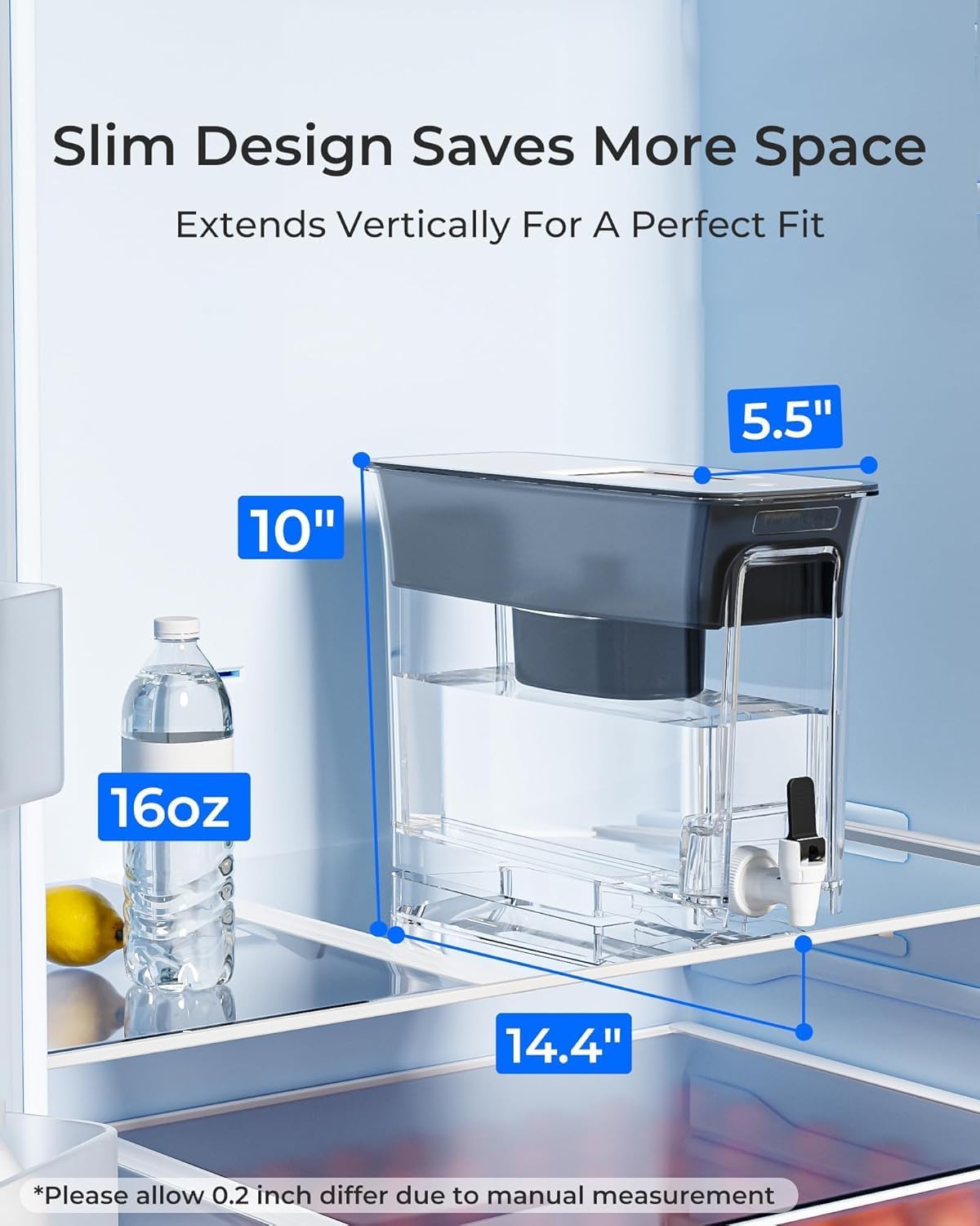 Waterdrop 35-Cup Slim Water Filter Dispenser, Large Capacity Water Filter Pitcher, 200-Gallon Long-Life, 5X Lifetime, Reduces Chlorine, PFOA/PFOS and More, BPA Free, Black (with 1 Filter)