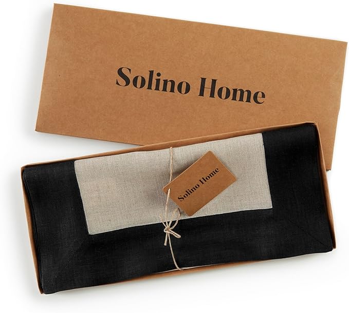 Solino Home Linen Table Runner 120 Inches Long - Black and Natural 100% Pure Linen 14 x 120 Inch Table Runner for Dining, Winter - Contempo