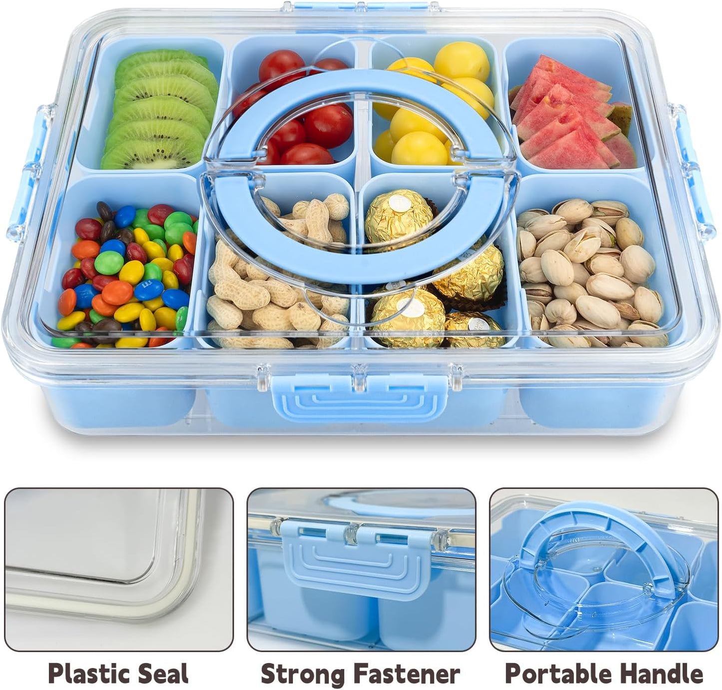 Divided Serving Tray with Lid and Handle,8 Compartments Snacks Box,Snack Fruit Veggie Tray,Portable Platter for Candy Fruits Nuts Snack Party Entertaining Picnic (2PCS Blue)
