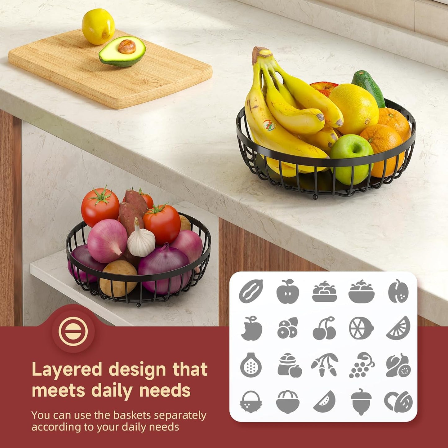2 Tier Fruit Basket for Kitchen Counter with 2 Banana Hangers, Metal Stackable Fruit Bowl for Kitchen Counter for Bread Vegetable Fruits, Black