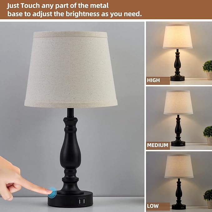 Lamps for Bedroom Set of 2,Touch Bedside Table Lamp with USB C+A Ports,Dimmable Nightstand Lamps with Round Fabric Linen Lampshade for Living Room Reading Bed Side End Table,Bulbs Included