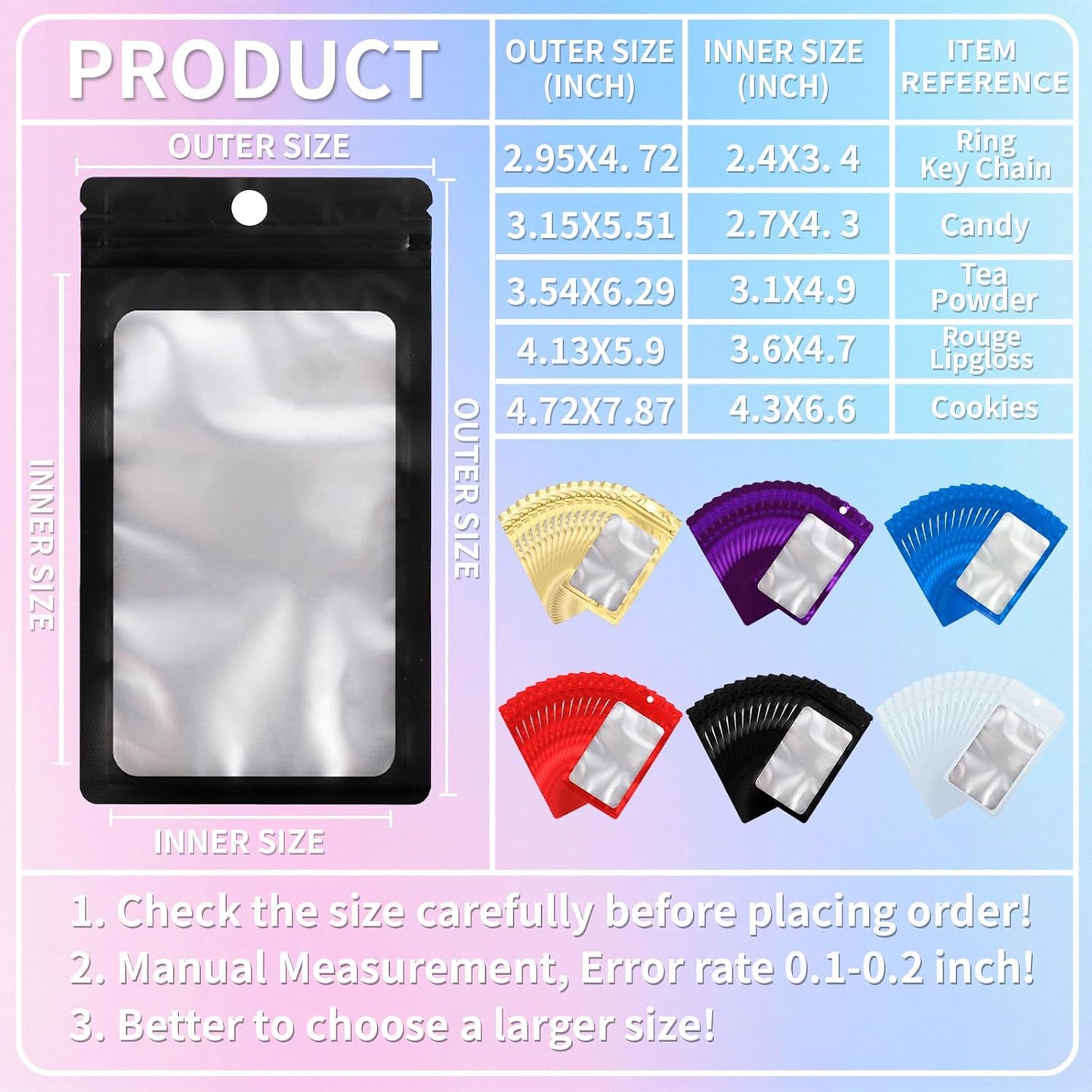200 Pack Resealable Mylar Holographic Bags Food Storage Smell Proof Bags with Front Window Foil Packaging Pouch for Candy Sample Jewelry Small Business 3.54×6.29 Inch, Gold