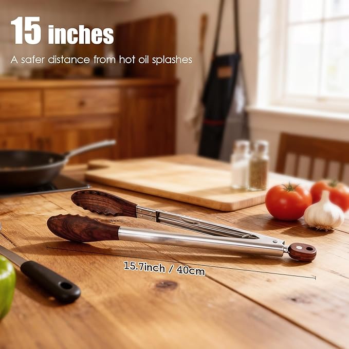 Wooden Tongs for Cooking, 15 Inch Kitchen Walnut Wood Tong with Stainless Steel Handle, Utensils for Food Serving, Salad, Toaster, Grilling, BBQ
