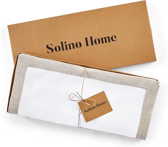 Solino Home Linen Table Runner 60 Inches - 100% Pure Linen Light Natural and White Short Table Runner 14 x 60 Inch Ideal for Dresser and Coffee Tables - Classic