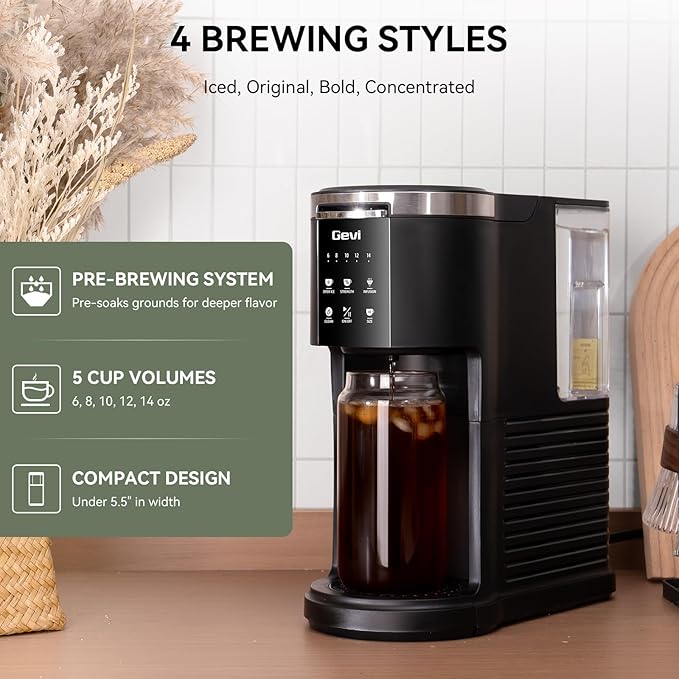 Gevi Single Serve Coffee Maker, Compatible with Pods & Ground Coffee, 40oz Removable Water Reservoir, 5 Brew Sizes (6-14oz), Compact for Kitchen Use, Black