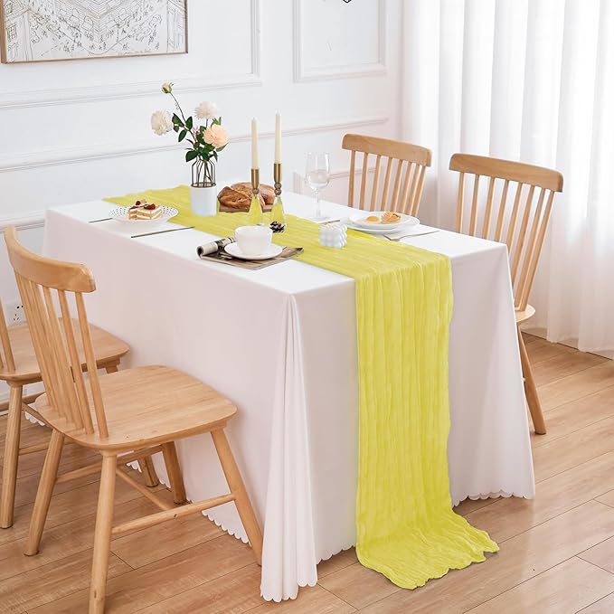 10 Pack Light Yellow Table Runner 120 Inch Cheesecloth Table Runner 10FT Rustic Boho Gauze Table Runners Long Cheese Cloth Runner Semi Sheer Runners for Wedding Bridal Baby Shower Party