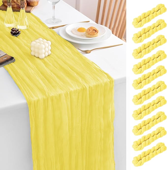 10 Pack Light Yellow Table Runner 120 Inch Cheesecloth Table Runner 10FT Rustic Boho Gauze Table Runners Long Cheese Cloth Runner Semi Sheer Runners for Wedding Bridal Baby Shower Party