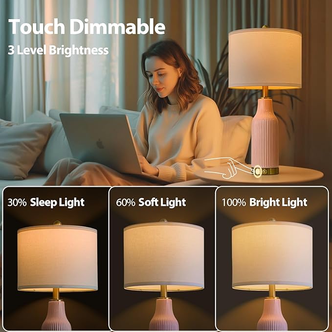 24.5" Modern 3-Way Dimmable Touch Control with USB A+C Ceramic Lamps Set of 2 Table Lamp for Living Room Bedroom Farmhouse Nightstand Bedside Pink
