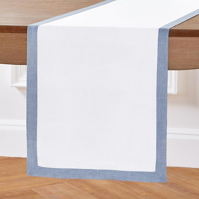 Solino Home Linen Table Runner 60 Inches - 100% Pure Linen Chambray Blue and White Small Table Runner 14 x 60 Inch Ideal for Dresser and Coffee Tables, Christmas, New Year - Classic