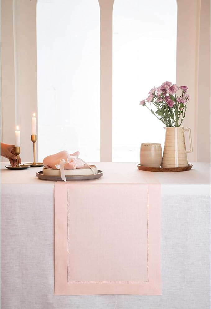 D'Moksha Homes Linen Pastel Pink Table Runner 120 Inches Long - 100% Pure Linen Hemstitch 14 x 120 Inch Table Runner for Dining, Winter, Christmas, Holiday, New Year - Classic Hemstitch