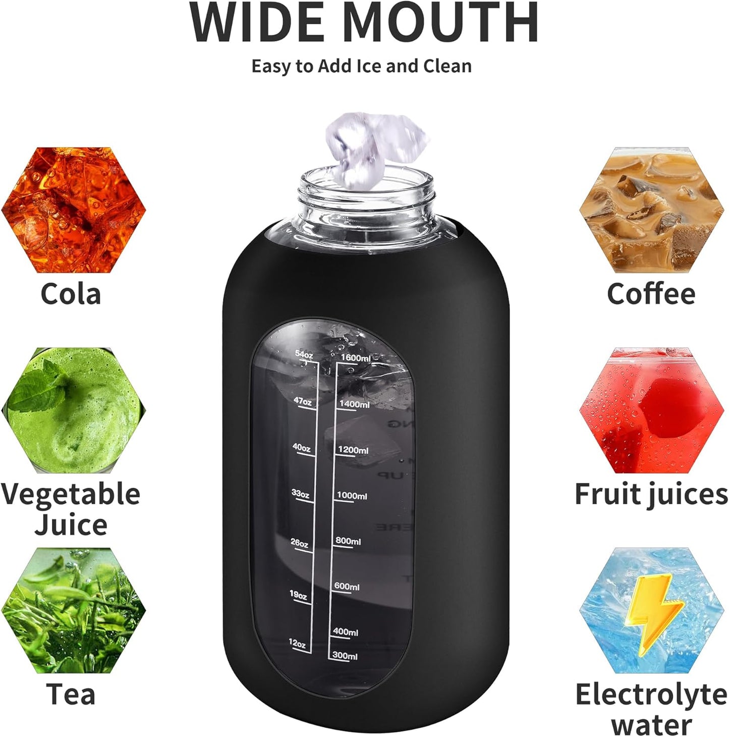 CIVAGO 40 oz Glass Water Bottle with Straw and Handle, Large Sports Motivational Water Bottle Flask with Time Marker and 2 Lids, Leakproof Water Jug Canteen with Silicone Sleeve for Gym,Camelia