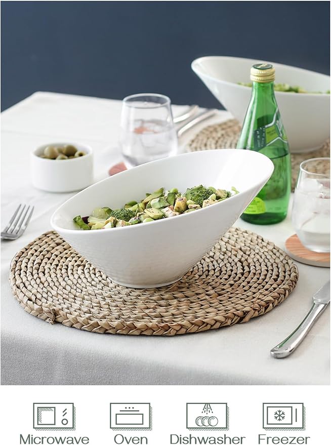 DOWAN 23 OZ Slanted Salad Bowls of 2 Packs - 9.5" Angled Serving Bowls for Salad, Fruit, Snacks - Ceramic White Bowls for Restaurant, Daily Use - Dishwasher & Microwave Safe