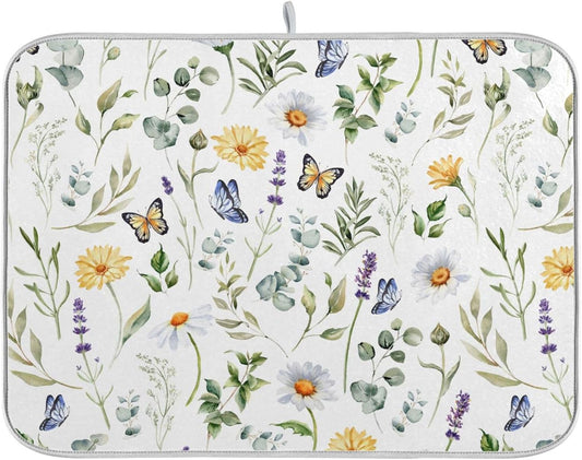 Wildflowers Butterflies Botanical Leaves Dish Drying Mat for Kitchen Counter Absorbent Microfiber Drying Pad, Medium 16x18 in, Reversible Drainer Mats