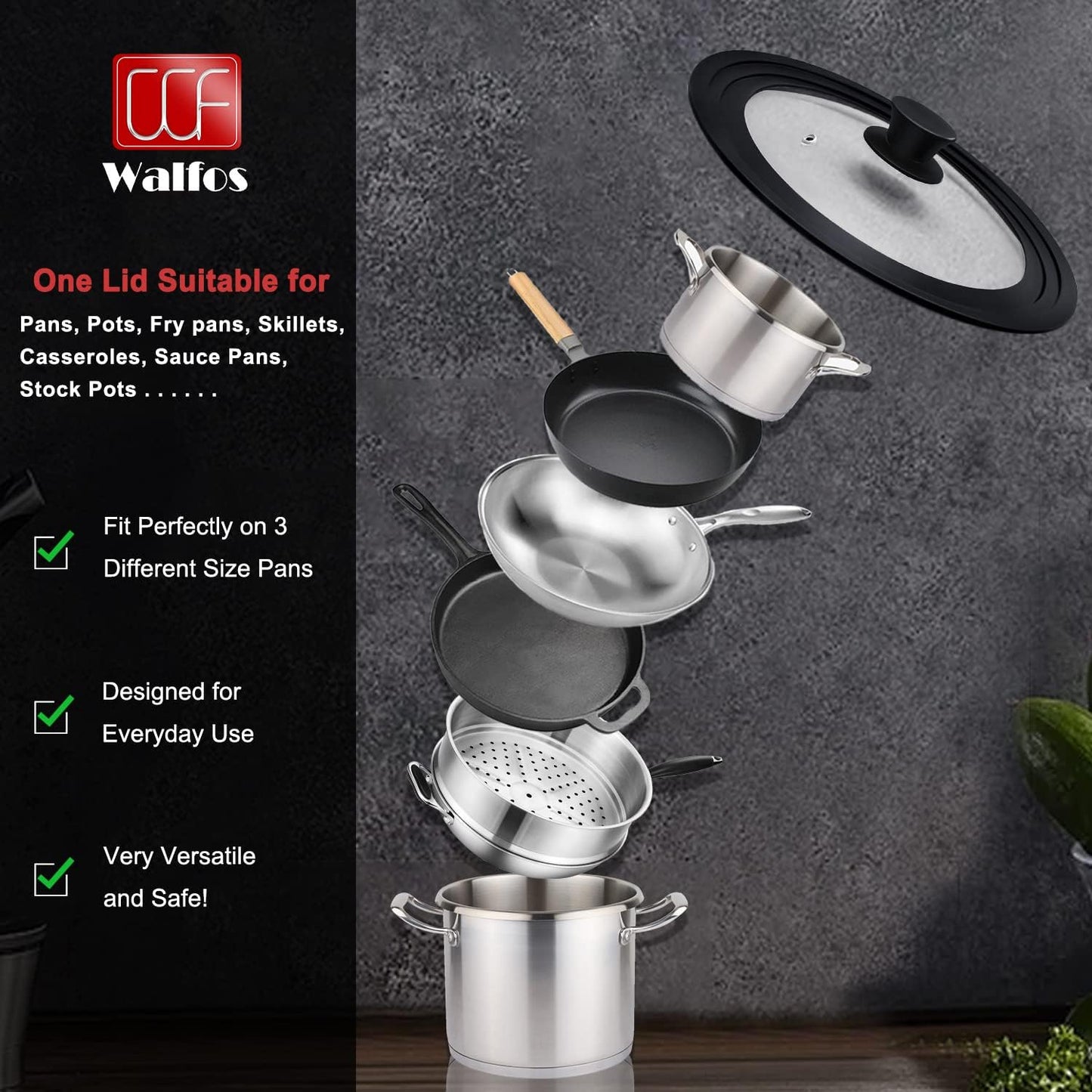 Walfos Universal Lid, Tempered Pan Lid with Heat Resistant Silicone Rim, Fits All 7" to 12" Diameter Cookware, Pots, Pans and Skillets (2Pk)