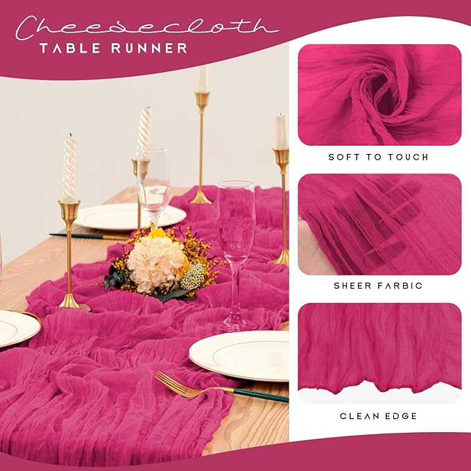 12 Pack Cheesecloth Table Runner 35 x 70 inch Long Boho Cheese Cloth Gauze Table Runners Semi Sheer Table Runner for Wedding Decor, Bridal Shower, Birthday Party (Hot Pink)