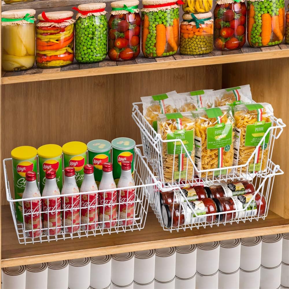 SANNO Freezer Baskets, Pantrty Storage Bins, Farmhouse Metal Wire Organizer for Kitchen Pantry Organizer 14"x11"x6"