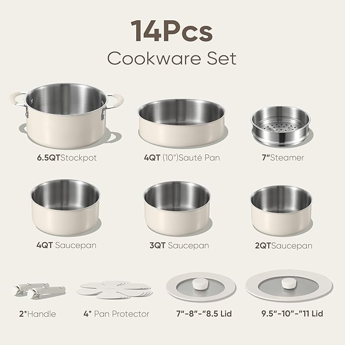CAROTE 14pcs Pots and Pans Set, Stainless Steel Cookware Set Detachable Handle, Induction Kitchen Cookware Sets with Removable Handle, RV Cookware Set, Oven Safe, Camping Cookware, White