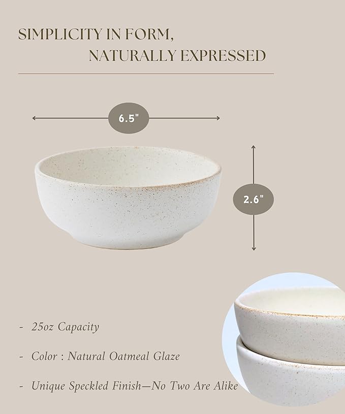 Stoneware Bowl Set of 4-25oz, 6.5" Ceramic Serving Bowls for Salad, Cereal, Soup & Fruit - Microwave & Dishwasher Safe - Rustic Minimalist Design - Oatmeal Cream - Ideal Gift