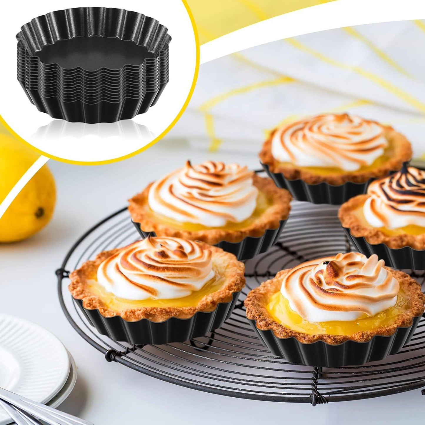 Uiifan 32 Pcs Mini Tart Pans Egg Tart Molds with Removable Bottom Round Nonstick Quiche Pan Mini Pie Pans Small Bakeware Mold Fluted Side for Mousse Cake Dessert Baking(3 Inch,Black Gray)