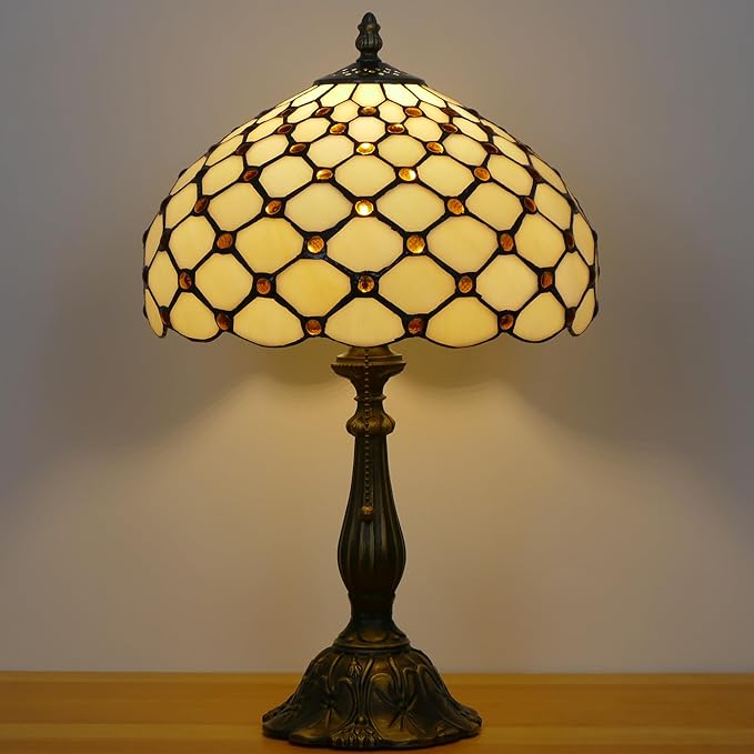 Tiffany Lamp Stained Glass Table Lamp Antique Bedside Reading Light W12H19 Inches (Cream Amber Pearl)