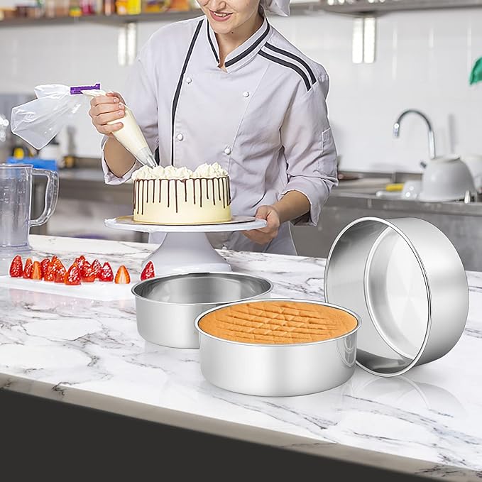 TeamFar Round Cake Pan, 8’’ x 3’’ Stainless Steel Layer Baking Cake Pan for Wedding Birthday, Fit Pots/Oven/Pressure Cooker, Healthy & Sturdy 3 Inch Deep & One Piece, Dishwasher Safe-4 PCS