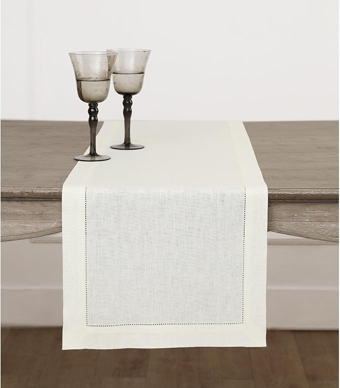Solino Home Linen Ivory Table Runner 36 Inches - Classic Hemstitch, 100% Pure Linen Coffee Table Runner 14 x 36 Inch Ideal for Dresser Tables - Christmas, Holiday, New Year