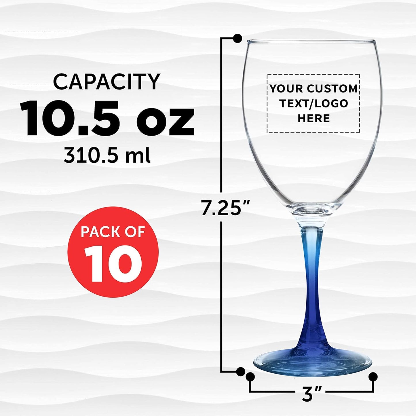 Custom Nuance Wine Glasses by ARC 10.5 oz. Set of 10, Personalized Bulk Pack - Restaurant Glassware, Perfect for Red Wine, White Wine, Cocktails - Blue