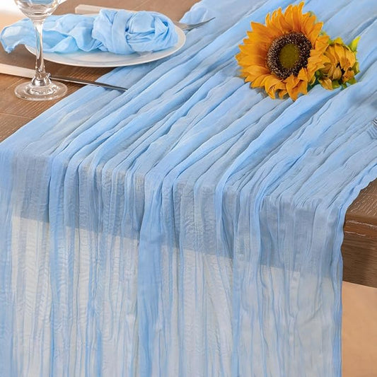 Baby Blue Cheesecloth Table Runner Christmas Table Runner Boho Gauze 120 Inches Light Blue Table Decor for Xmas Holiday Season Parties Wedding Bridal Baby Boy Shower Birthday