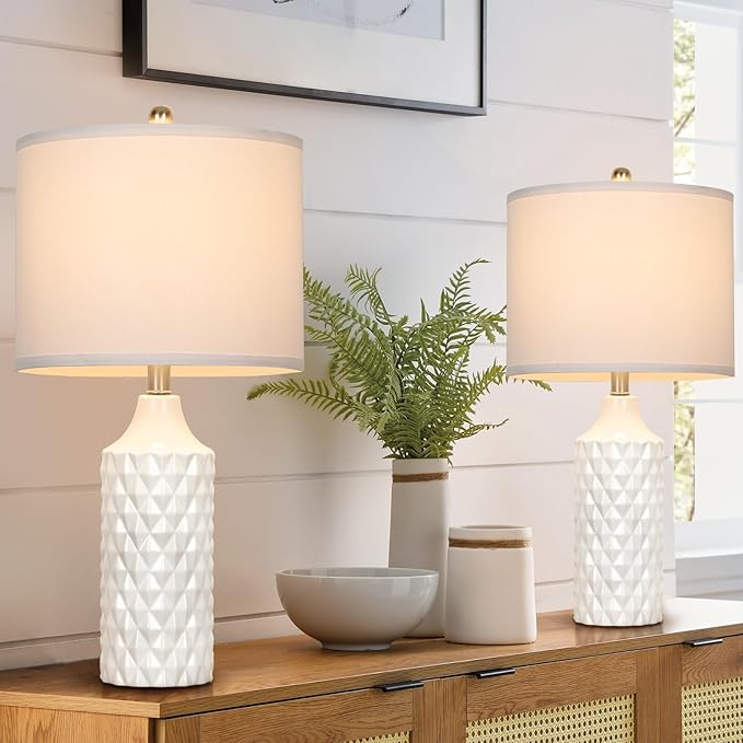 Ceramic Table Lamps Set of 2, White Modern Bedside 25" Nightstand Lamp 3-Way Dimmable Lamp for Bedroom Living Room Farmhouse, Side Table Lamp, Bulbs Included