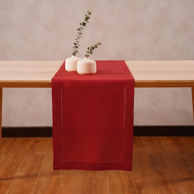 Home Ekaa 100% Pure Linen Red Table Runner 14×48 Inch – Small Hemstitch Washable Cloth Fabric Runner for Christmas, Fall, Winter, Holiday & New Year Décor – Elara Collection