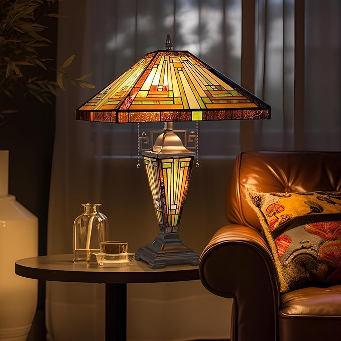 Capulina Tiffany Lamp Stained Glass Table Lamp 3-Light 16X16X24 Inches Mother-Daughter Vase Amber Brown Mission Tiffany Style Desk Reading Lamp for Living Room Bedroom Study Home Office