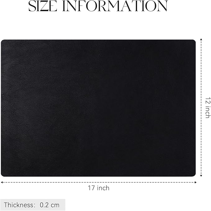 MOSAYT Vinyl Placemats Set of 6-12 X 17 Inch - Faux Leather 100% Waterproof Oil-Proof Wipeable PU Place Mats, Heat Resistant Reversible Table Mats for Kitchen, Dining, Outdoor (Black)