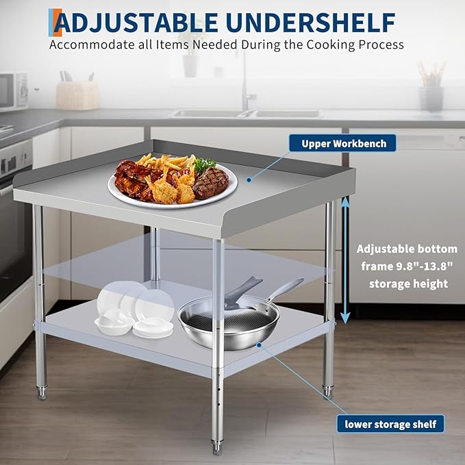 60x24x30 in Stainless Steel Equipment Grill Stand Table 400 LBS Capacity NSF Certified with Adjustable Legs, 2 in Edge Baffle, for Hotel, Home, Commercial Restaurant Kitchen