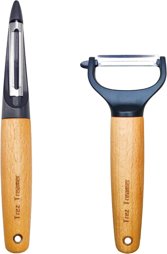 Trez Treamer 2 pack Vegetable Peelers for Kitchen, Super Sharp Wooden Potato Peeler Set Apple Cucumber Carrot Fruit Potatoes Veggie Peeler Bulk with Stainless Steel Blade，Dishwasher Safe