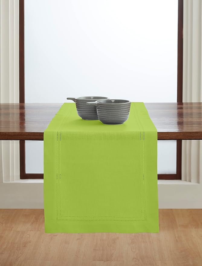 Solino Home Linen Lime Green Table Runner 120 Inches Long - 100% Pure Linen 14 x 120 Inch Table Runner for Christmas, New Year - Double Hemstitch