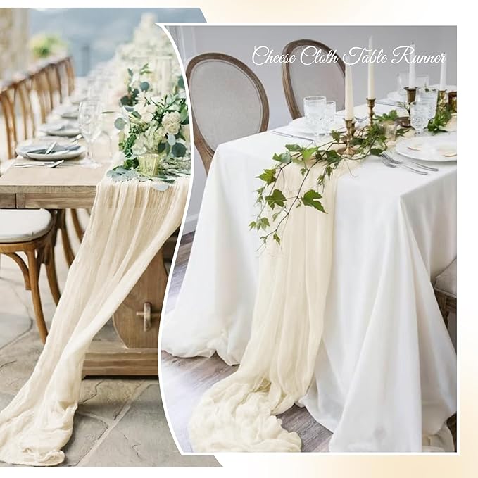 Aktor 12 Pack Ivory Cheesecloth Table Runner 10Ft Gauze Table Runner Boho Semi Sheer Cheese Cloth Fabric Runners for Wedding Birthday Baby Shower Party Table Decoration（Ivory）
