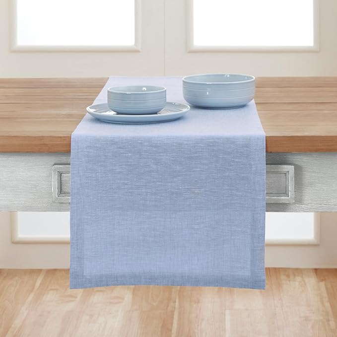 Solino Home Linen Table Runner 108 Inches Long - Athena, 100% Pure Linen Chambray Blue Table Runner 14 x 108 Inch for Dining, Winter, Christmas, New Year