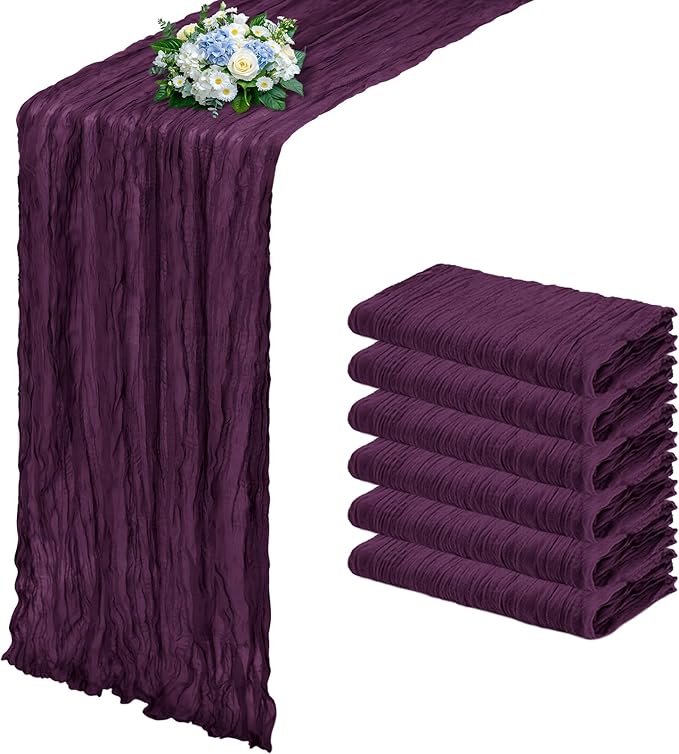 6 Pack Dark Purple Cheesecloth Table Runner 17x108 Inch Semi Sheer Boho Gauze Cheese Cloth Fabric Table Runners, for Wedding Party Baby Shower Birthday Home Decor Garden