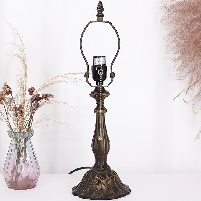 Table Lamp Base Replacement Only, Wide 6 Height 18 Inch, Fit for 8, 10, 12 Inch Tiffany Style Stained Glass Lampshade, Dark Bronze Finish,Resin, Push Switch On Cord
