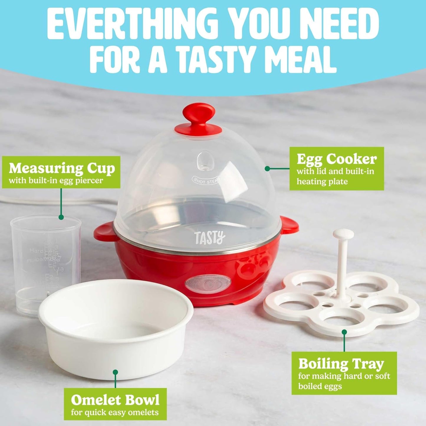 Tasty Mini Rapid Egg Cooker, 5-Egg Capacity for Perfect Hard Boiled Eggs or Omelets, Auto Shut Off, Red