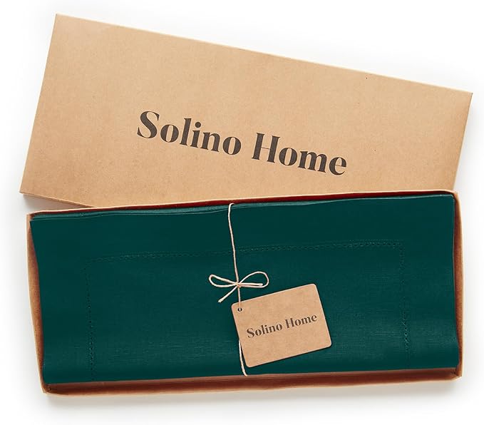 Solino Home Cotton Linen Dark Green Table Runner 120 Inches Long - Hemstitch 14 x 120 Inch Table Runner for Christmas, New Year - Handcrafted and Machine Washable